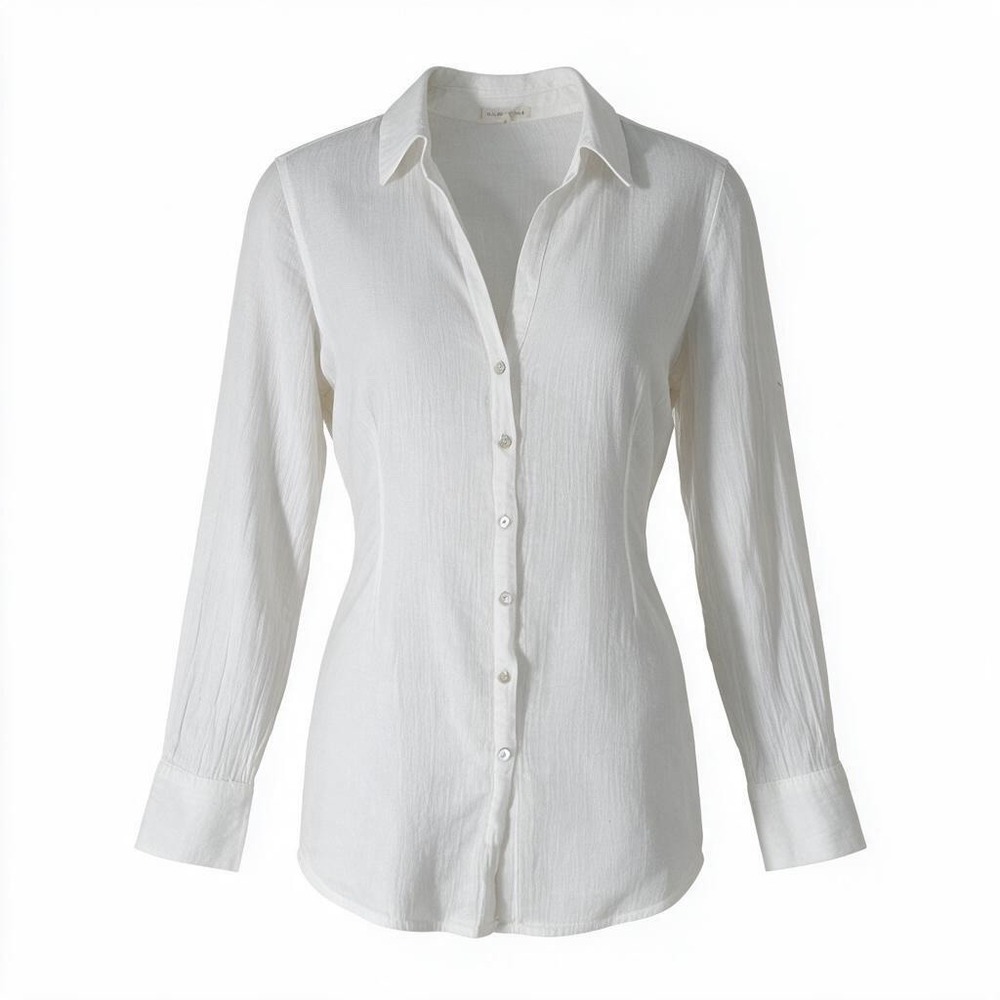 Eileen Fisher White 100% Linen Button Down Shirt Long Sleeve Italian Fabric L